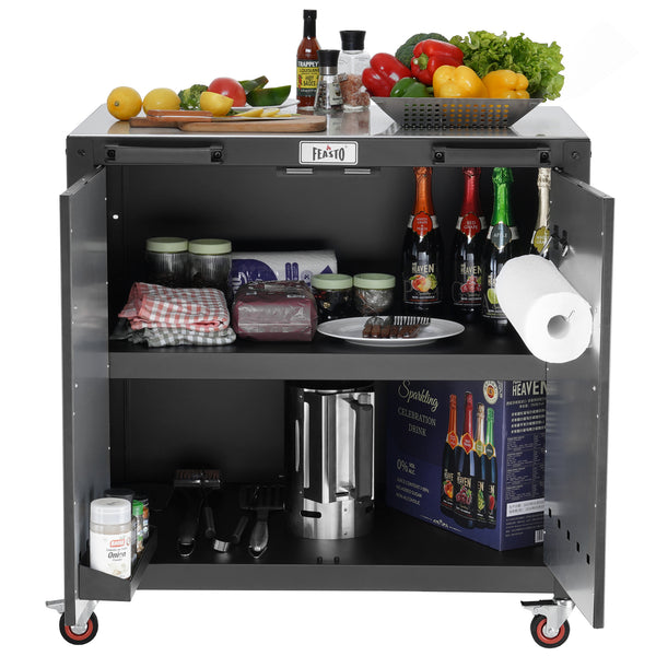 Feasto 304 Stainless Steel Freestanding Kitchen Grill Cart With Cover, Movable Kitchen Island