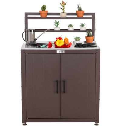 Garden Potting Bench with Storage Cabinet,Outdoor Gardening Table & Work Bench for Plants, Horticulture,Outdoor Workstation with Stainless Steel Tabletop,Outdoor Work Table with Elevated Rack