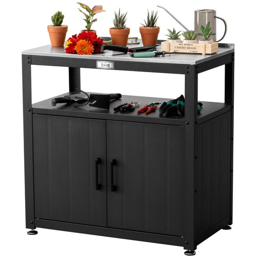 Garden Potting Bench with Storage Cabinet,Outdoor Gardening Table & Work Bench for Plants, Horticulture,Outdoor Workstation with Stainless Steel Tabletop,Outdoor Work Table