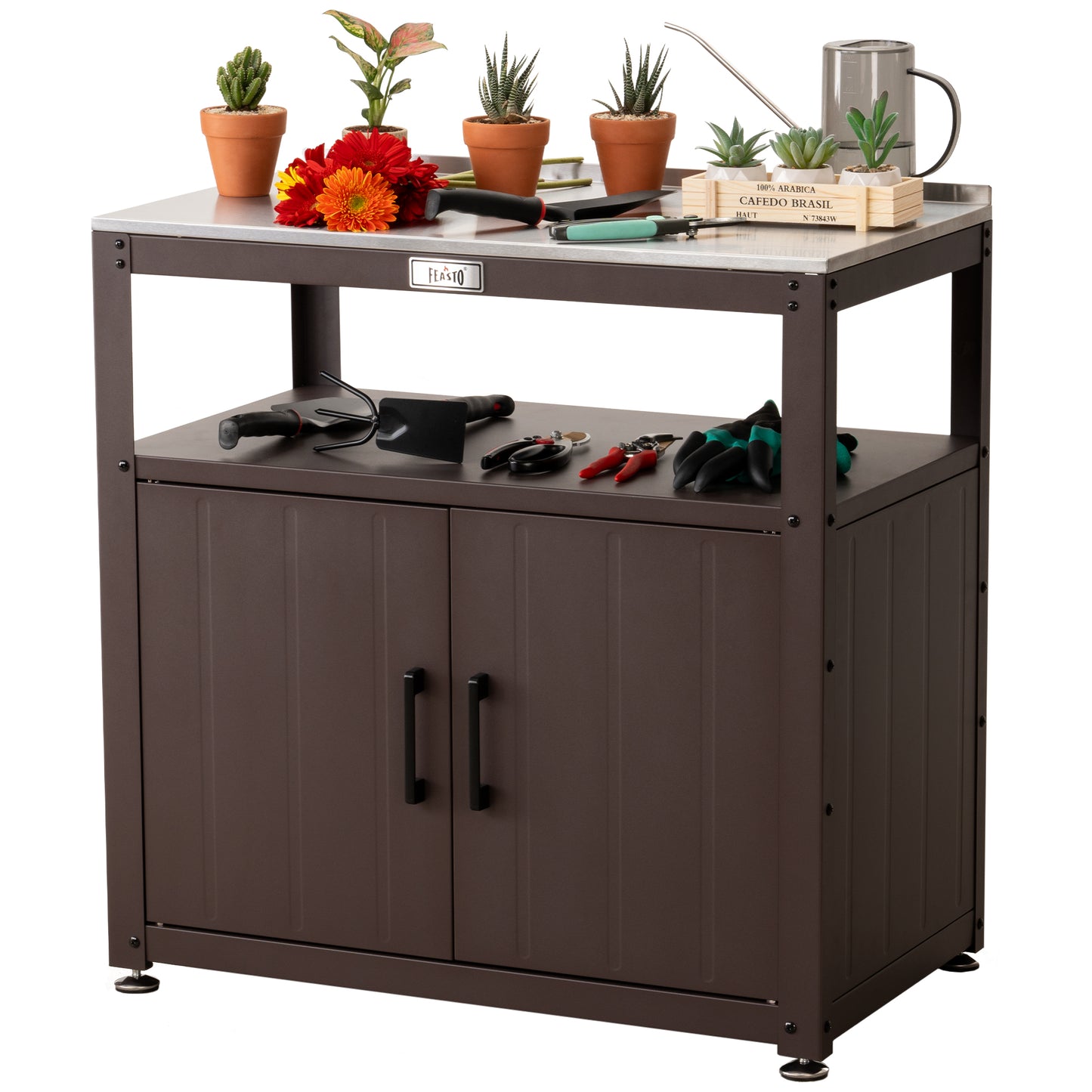 Garden Potting Bench with Storage Cabinet,Outdoor Gardening Table & Work Bench for Plants, Horticulture,Outdoor Workstation with Stainless Steel Tabletop,Outdoor Work Table