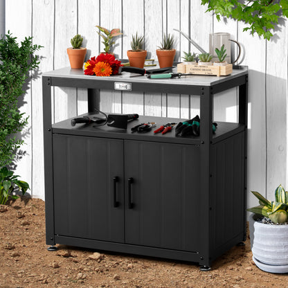 Garden Potting Bench with Storage Cabinet,Outdoor Gardening Table & Work Bench for Plants, Horticulture,Outdoor Workstation with Stainless Steel Tabletop,Outdoor Work Table