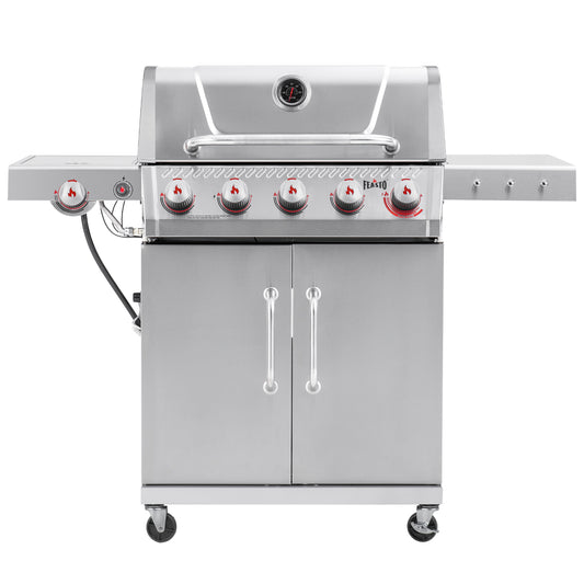 FEASTO Stainless Steel 5-Burner Propane Gas Grill with Sear Burner & Side Burner, Stainless Steel Construction with Porcelain-Enameled Main Body, 58,000 BTU Outdoor BBQ Grill, 686 Sq. In. Cooking Area, Cabinet Storage, Backyard Barbecue Grill, Silver