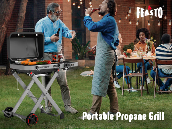 FEASTO Portable Propane Gas Grill with Folding Cart & 13000 BTU Burner, 360 SQ.IN. Cast Iron Cooking Grates, Side table, 8’’ Wheels, Stainless Grease Tray for Outdoor BBQ, Camping & Tailgating, Black
