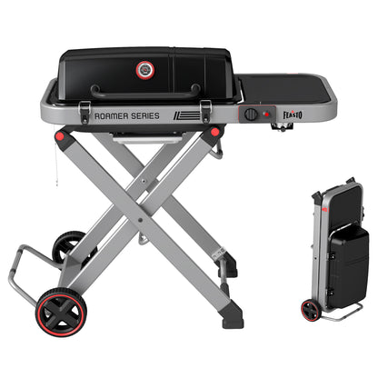 FEASTO Portable Propane Gas Grill with Folding Cart & 13000 BTU Burner, 360 SQ.IN. Cast Iron Cooking Grates, Side table, 8’’ Wheels, Stainless Grease Tray for Outdoor BBQ, Camping & Tailgating, Grey