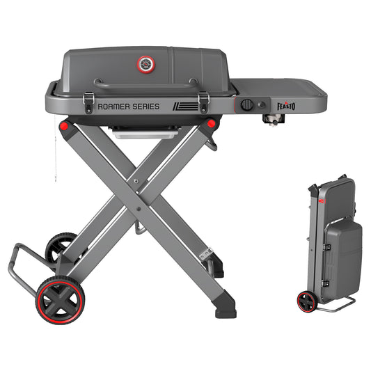 FEASTO Portable Propane Gas Grill with Folding Cart & 13000 BTU Burner, 360 SQ.IN. Cast Iron Cooking Grates, Side table, 8’’ Wheels, Stainless Grease Tray for Outdoor BBQ, Camping & Tailgating, Black
