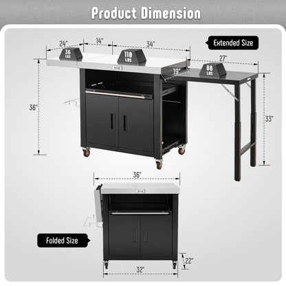 Feasto Grill Table, Outdoor Kitchen Island With 2 Foldable Side Tables, Stainless Steel Top For Outdoor Kitchen Cabinets, Bar Cart, Movable Grill Cart With Pull-Out Plate, L74”x W24”