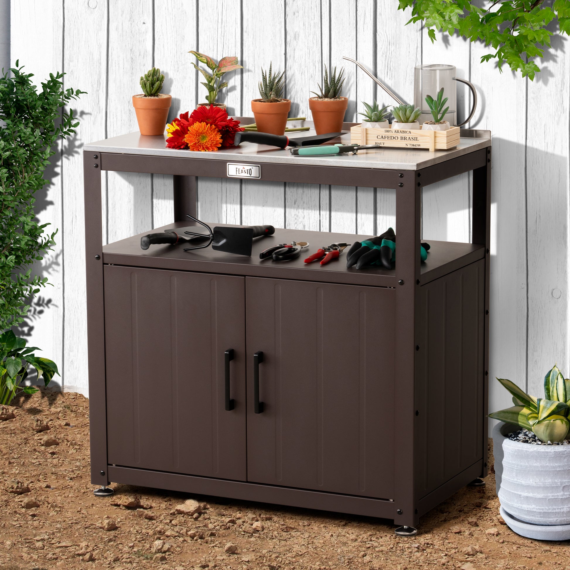 garden table for potting plants Feasto Garden Potting Bench with Storage Cabinet(Add to cart and enjoy – Feastooutdoors