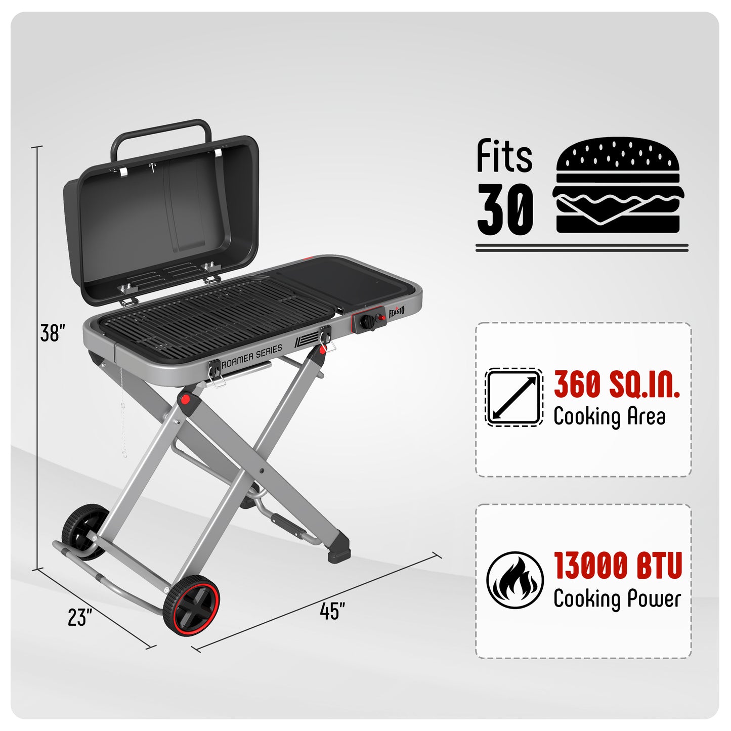 FEASTO Portable Propane Gas Grill with Folding Cart & 13000 BTU Burner, 360 SQ.IN. Cast Iron Cooking Grates, Side table, 8’’ Wheels, Stainless Grease Tray for Outdoor BBQ, Camping & Tailgating, Grey
