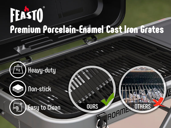FEASTO Portable Propane Gas Grill with Folding Cart & 13000 BTU Burner, 360 SQ.IN. Cast Iron Cooking Grates, Side table, 8’’ Wheels, Stainless Grease Tray for Outdoor BBQ, Camping & Tailgating, Black