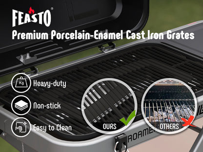 FEASTO Portable Propane Gas Grill with Folding Cart & 13000 BTU Burner, 360 SQ.IN. Cast Iron Cooking Grates, Side table, 8’’ Wheels, Stainless Grease Tray for Outdoor BBQ, Camping & Tailgating, Black