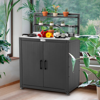 Garden Potting Bench with Storage Cabinet,Outdoor Gardening Table & Work Bench for Plants, Horticulture,Outdoor Workstation with Stainless Steel Tabletop,Outdoor Work Table with Elevated Rack