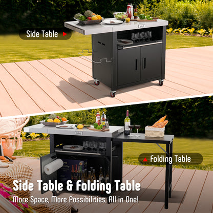 Feasto Grill Table, Outdoor Kitchen Island With 2 Foldable Side Tables, Stainless Steel Top For Outdoor Kitchen Cabinets, Bar Cart, Movable Grill Cart With Pull-Out Plate, L74”x W24”