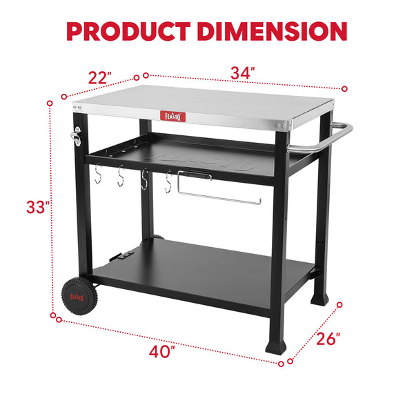 Feasto Three-Shelf Movable Food Prep and Work Cart Table, L39.5''x W25.6''x H33'', Cover Included