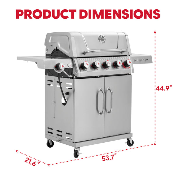 FEASTO Stainless Steel 5-Burner Propane Gas Grill with Sear Burner & Side Burner, Stainless Steel Construction with Porcelain-Enameled Main Body, 58,000 BTU Outdoor BBQ Grill, 686 Sq. In. Cooking Area, Cabinet Storage, Backyard Barbecue Grill, Silver