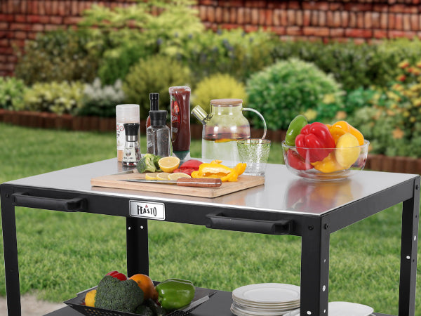 Feasto 3-Shelf Outdoor Steel Table Cart 35.4” x 24” Stainless Steel Table Top Movable Commercial Food Prep Pizza Prep Worktable Outdoor Kitchen Island