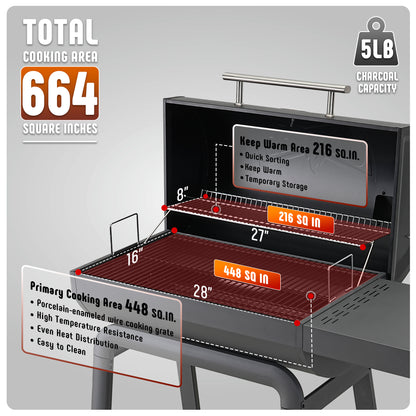 Feasto BBQ Charcoal Grill with Side Table, 30-In Heavy Duty Outdoor BBQ Grill with 647 Sq. In Cooking Area for Outdoor Barbecue in Backyard, Patio and Parties, Black by Feasto