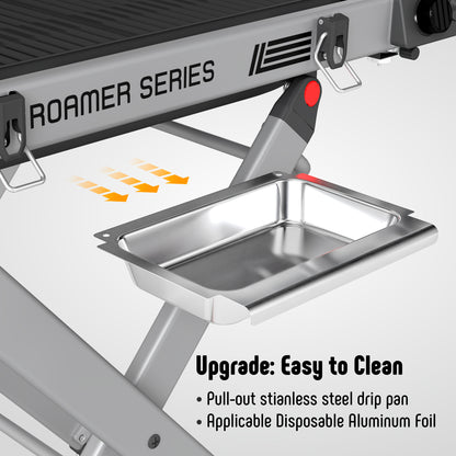 FEASTO Portable Propane Gas Grill with Folding Cart & 13000 BTU Burner, 360 SQ.IN. Cast Iron Cooking Grates, Side table, 8’’ Wheels, Stainless Grease Tray for Outdoor BBQ, Camping & Tailgating, Grey