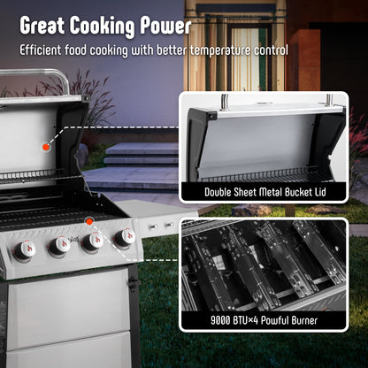 4-Burner Propane Gas Grill with Side Burner and Porcelain-Enamel Cast Iron Grates for Patio Garden Barbecue,48000 BTU Outdoor Grill for Outdoor Cooking, Silver