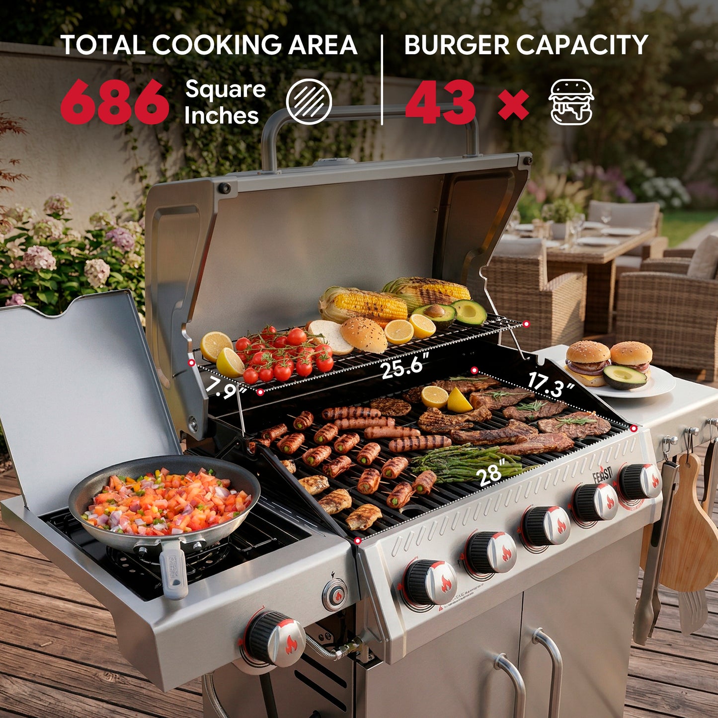 Feasto 5-Burner Propane Gas Grill 58,000 BTU with Sear & Side Burner, 686 Sq. In.(Add to cart and enjoy an additional 5% discount)