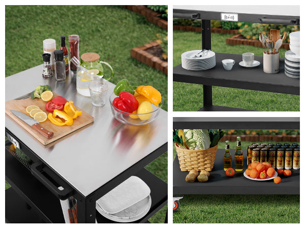 Feasto 3-Shelf Outdoor Steel Table Cart 35.4” x 24” Stainless Steel Table Top Movable Commercial Food Prep Pizza Prep Worktable Outdoor Kitchen Island
