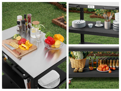 Feasto 3-Shelf Outdoor Steel Table Cart 35.4” x 24” Stainless Steel Table Top Movable Commercial Food Prep Pizza Prep Worktable Outdoor Kitchen Island