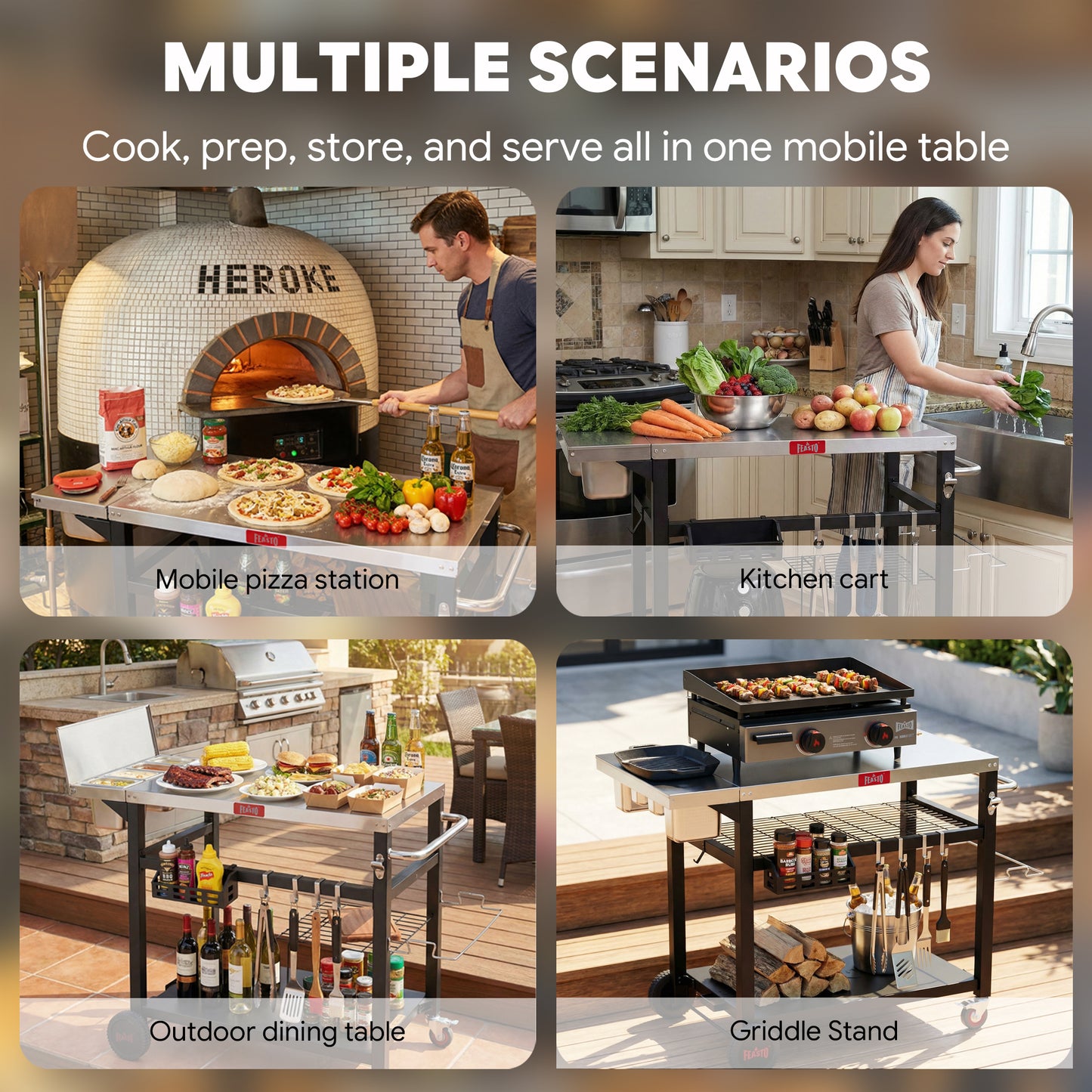 Feasto Outdoor Pizza Prep Station,Stainless Steel Top with 4 Ingredients Containers(Add to cart and enjoy an additional 7% discount)