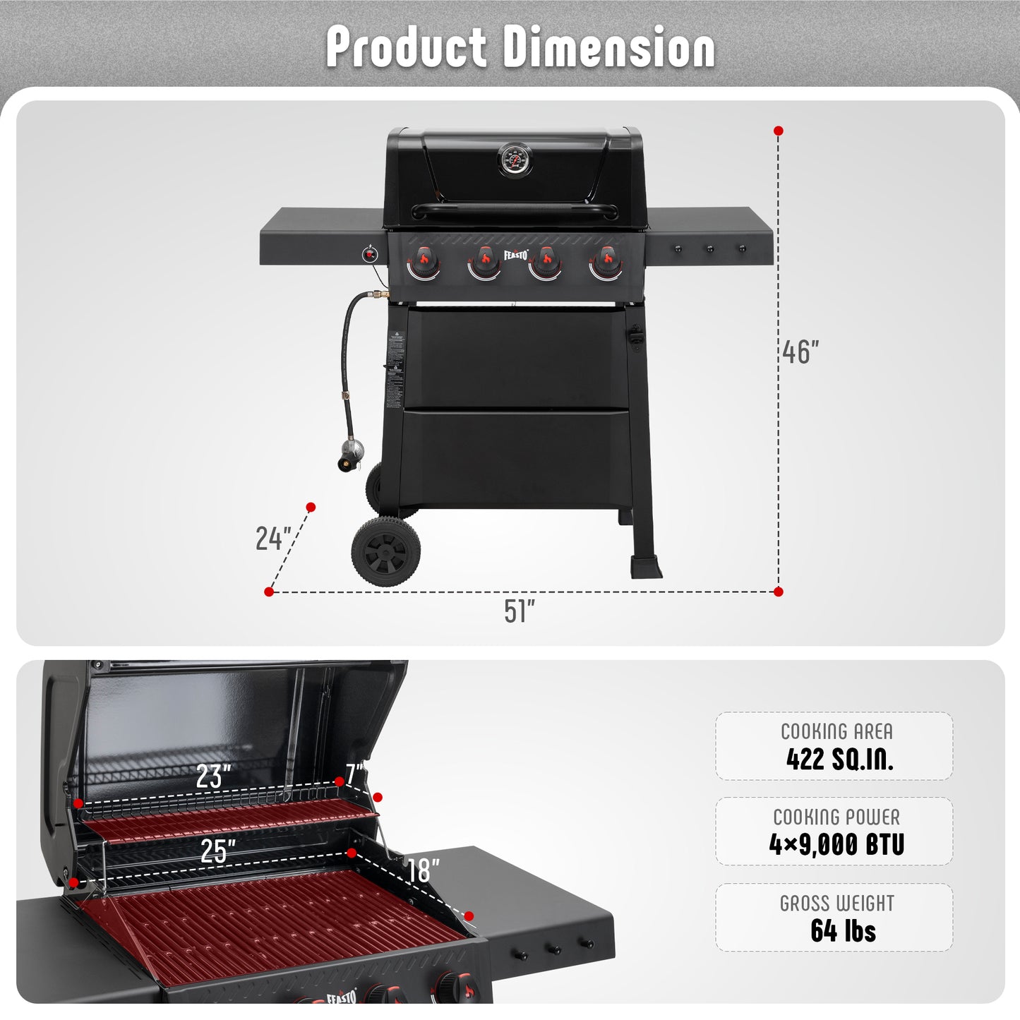 4-Burner Propane Gas Grill with 2 Side Tables and Porcelain-Enameled Grates for Patio Garden Barbecue,36000 BTU Outdoor Grill for Outdoor Cooking, Black