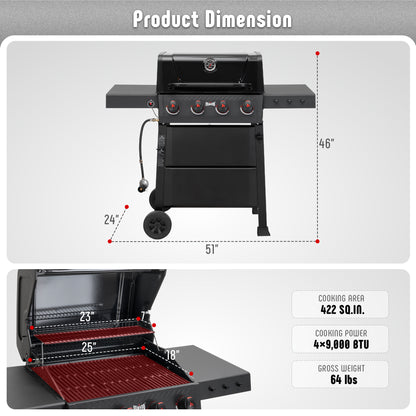 4-Burner Propane Gas Grill with 2 Side Tables and Porcelain-Enameled Grates for Patio Garden Barbecue,36000 BTU Outdoor Grill for Outdoor Cooking, Black