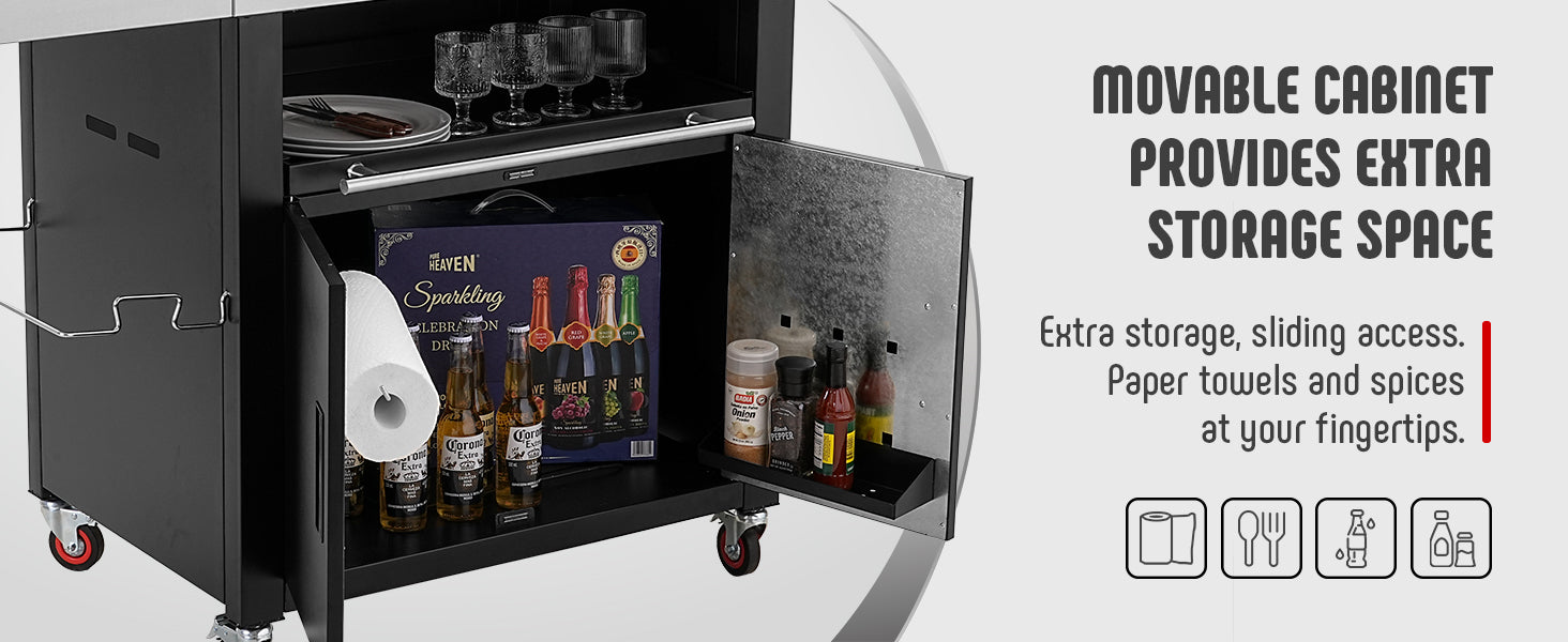 Movable cabinet with sliding door open, displaying bottles and a towel, on a white background.