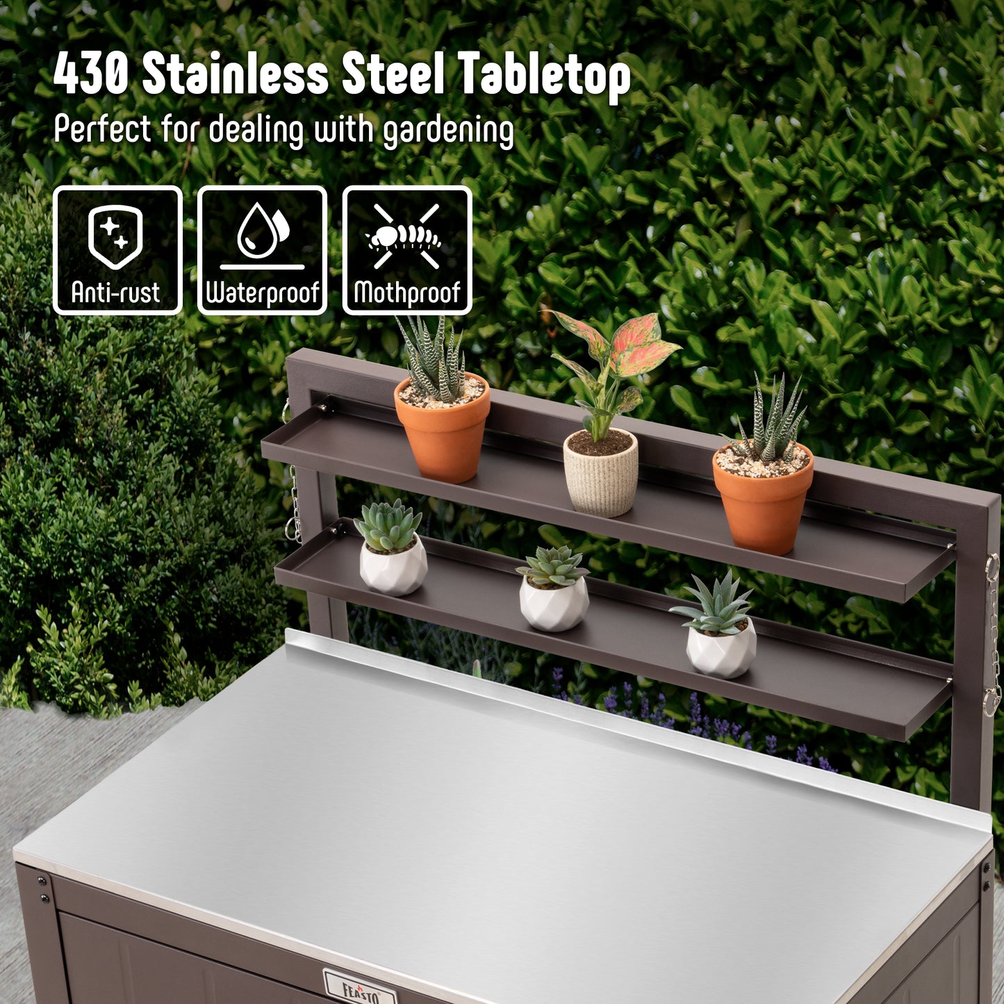 Garden Potting Bench with Storage Cabinet,Outdoor Gardening Table & Work Bench for Plants, Horticulture,Outdoor Workstation with Stainless Steel Tabletop,Outdoor Work Table with Elevated Rack