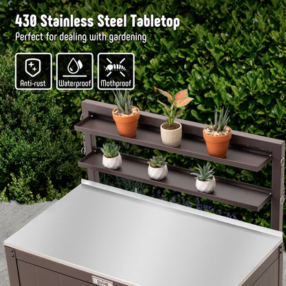 Garden Potting Bench with Storage Cabinet,Outdoor Gardening Table & Work Bench for Plants, Horticulture,Outdoor Workstation with Stainless Steel Tabletop,Outdoor Work Table with Elevated Rack