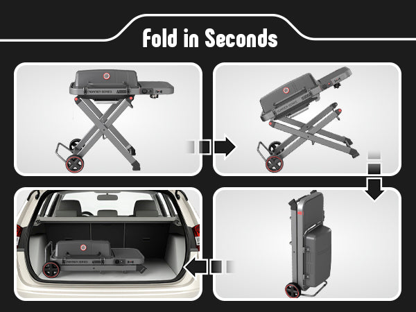 FEASTO Portable Propane Gas Grill with Folding Cart & 13000 BTU Burner, 360 SQ.IN. Cast Iron Cooking Grates, Side table, 8’’ Wheels, Stainless Grease Tray for Outdoor BBQ, Camping & Tailgating, Black