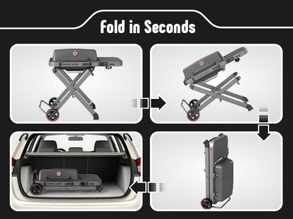 FEASTO Portable Propane Gas Grill with Folding Cart & 13000 BTU Burner, 360 SQ.IN. Cast Iron Cooking Grates, Side table, 8’’ Wheels, Stainless Grease Tray for Outdoor BBQ, Camping & Tailgating, Black