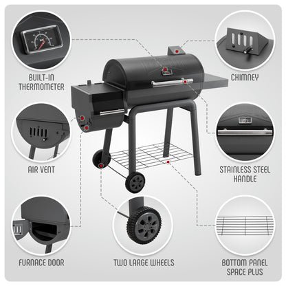 Charcoal Grill with Offset Smoker Grill and Side Table, 30-In Heavy-Duty Outdoor BBQ Grill with 815 Sq. In. Cooking Space for Outdoor Barbecue in Backyard, Patio and Parties, Black by Feasto