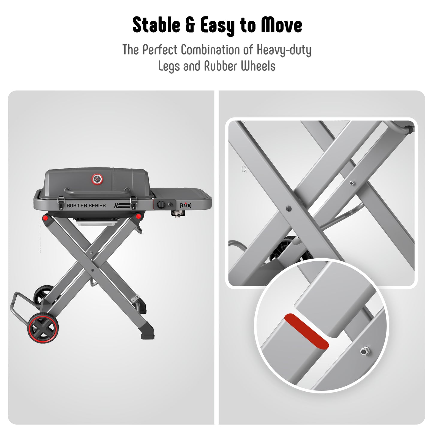 FEASTO Portable Propane Gas Grill with Folding Cart & 13000 BTU Burner, 360 SQ.IN. Cast Iron Cooking Grates, Side table, 8’’ Wheels, Stainless Grease Tray for Outdoor BBQ, Camping & Tailgating, Black