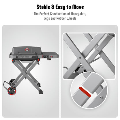 FEASTO Portable Propane Gas Grill with Folding Cart & 13000 BTU Burner, 360 SQ.IN. Cast Iron Cooking Grates, Side table, 8’’ Wheels, Stainless Grease Tray for Outdoor BBQ, Camping & Tailgating, Black