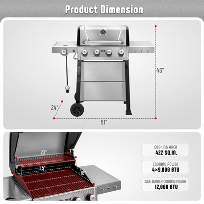 4-Burner Propane Gas Grill with Side Burner and Porcelain-Enamel Cast Iron Grates for Patio Garden Barbecue,48000 BTU Outdoor Grill for Outdoor Cooking, Silver