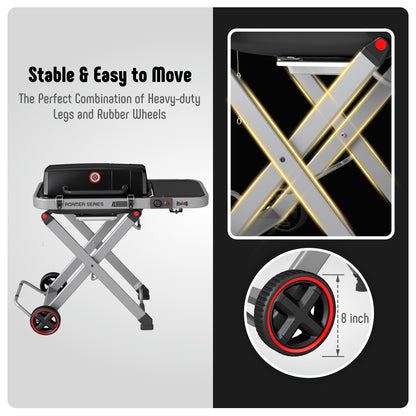 FEASTO Portable Propane Gas Grill with Folding Cart & 13000 BTU Burner, 360 SQ.IN. Cast Iron Cooking Grates, Side table, 8’’ Wheels, Stainless Grease Tray for Outdoor BBQ, Camping & Tailgating, Grey