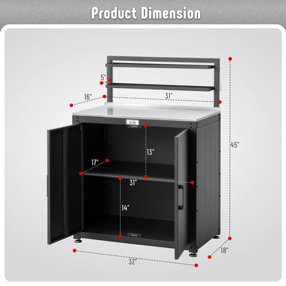 Garden Potting Bench with Storage Cabinet,Outdoor Gardening Table & Work Bench for Plants, Horticulture,Outdoor Workstation with Stainless Steel Tabletop,Outdoor Work Table with Elevated Rack