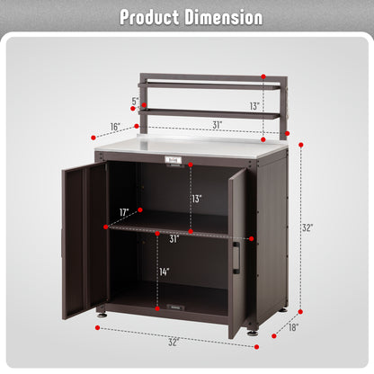 Garden Potting Bench with Storage Cabinet,Outdoor Gardening Table & Work Bench for Plants, Horticulture,Outdoor Workstation with Stainless Steel Tabletop,Outdoor Work Table with Elevated Rack