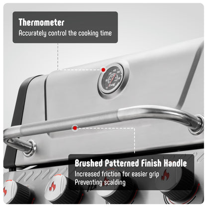 4-Burner Propane Gas Grill with Side Burner and Porcelain-Enamel Cast Iron Grates for Patio Garden Barbecue,48000 BTU Outdoor Grill for Outdoor Cooking, Silver