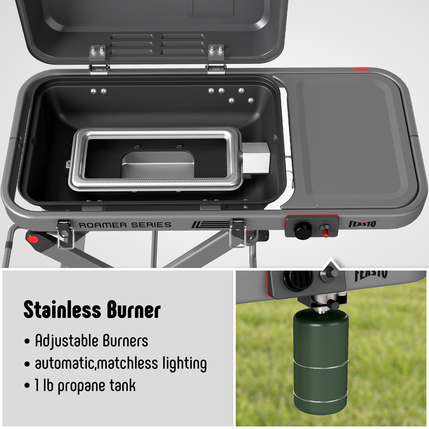 FEASTO Portable Propane Gas Grill with Folding Cart & 13000 BTU Burner, 360 SQ.IN. Cast Iron Cooking Grates, Side table, 8’’ Wheels, Stainless Grease Tray for Outdoor BBQ, Camping & Tailgating, Black