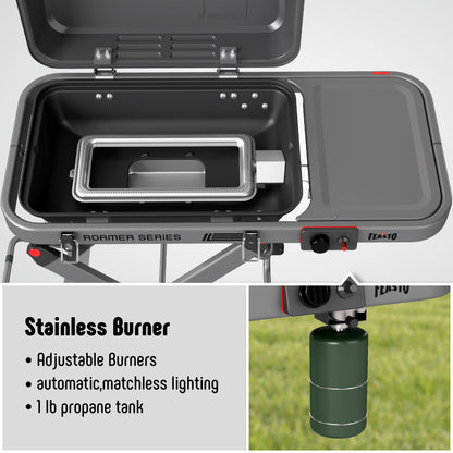 FEASTO Portable Propane Gas Grill with Folding Cart & 13000 BTU Burner, 360 SQ.IN. Cast Iron Cooking Grates, Side table, 8’’ Wheels, Stainless Grease Tray for Outdoor BBQ, Camping & Tailgating, Black