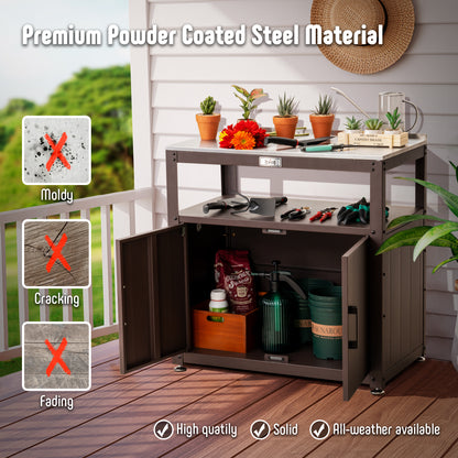 Garden Potting Bench with Storage Cabinet,Outdoor Gardening Table & Work Bench for Plants, Horticulture,Outdoor Workstation with Stainless Steel Tabletop,Outdoor Work Table