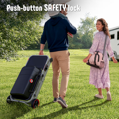 FEASTO Portable Propane Gas Grill with Folding Cart & 13000 BTU Burner, 360 SQ.IN. Cast Iron Cooking Grates, Side table, 8’’ Wheels, Stainless Grease Tray for Outdoor BBQ, Camping & Tailgating, Grey