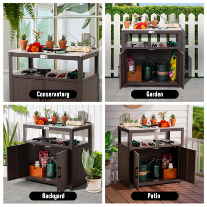 Garden Potting Bench with Storage Cabinet,Outdoor Gardening Table & Work Bench for Plants, Horticulture,Outdoor Workstation with Stainless Steel Tabletop,Outdoor Work Table