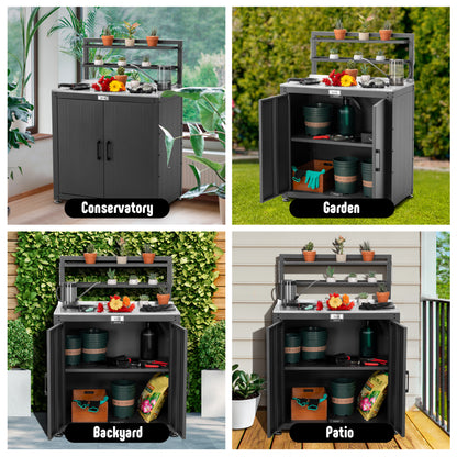 Garden Potting Bench with Storage Cabinet,Outdoor Gardening Table & Work Bench for Plants, Horticulture,Outdoor Workstation with Stainless Steel Tabletop,Outdoor Work Table with Elevated Rack