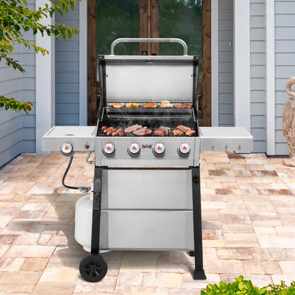 4-Burner Propane Gas Grill with Side Burner and Porcelain-Enamel Cast Iron Grates for Patio Garden Barbecue,48000 BTU Outdoor Grill for Outdoor Cooking, Silver