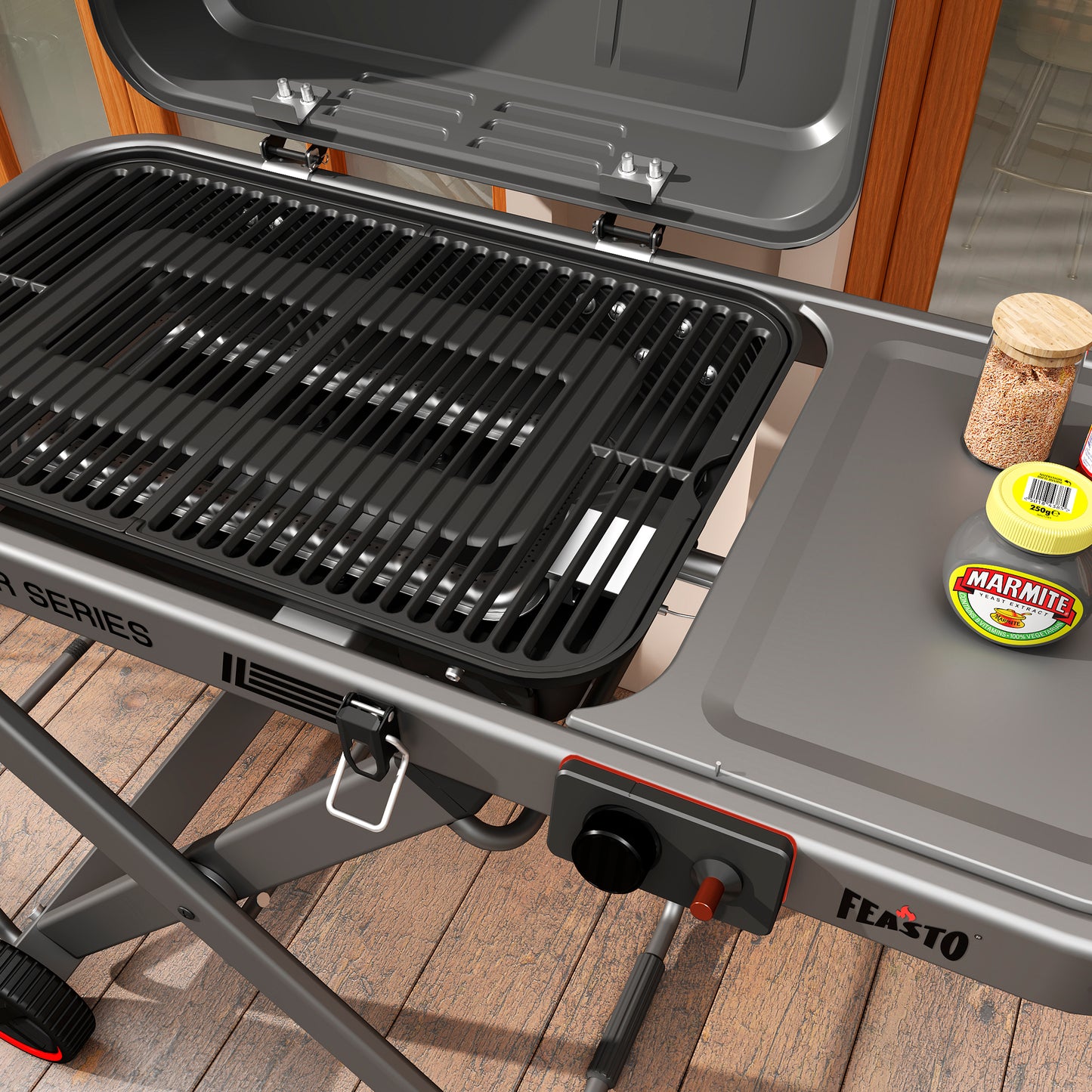 FEASTO Portable Propane Gas Grill with Folding Cart & 13000 BTU Burner, 360 SQ.IN. Cast Iron Cooking Grates, Side table, 8’’ Wheels, Stainless Grease Tray for Outdoor BBQ, Camping & Tailgating, Black