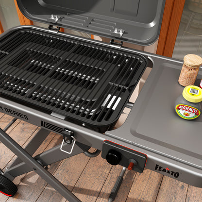 FEASTO Portable Propane Gas Grill with Folding Cart & 13000 BTU Burner, 360 SQ.IN. Cast Iron Cooking Grates, Side table, 8’’ Wheels, Stainless Grease Tray for Outdoor BBQ, Camping & Tailgating, Black
